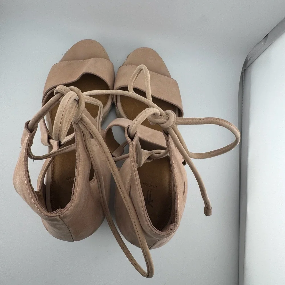 Frye Espadrille Wedge Sandals 8.5 Tan Lace Up‎ Leather Jute Platform